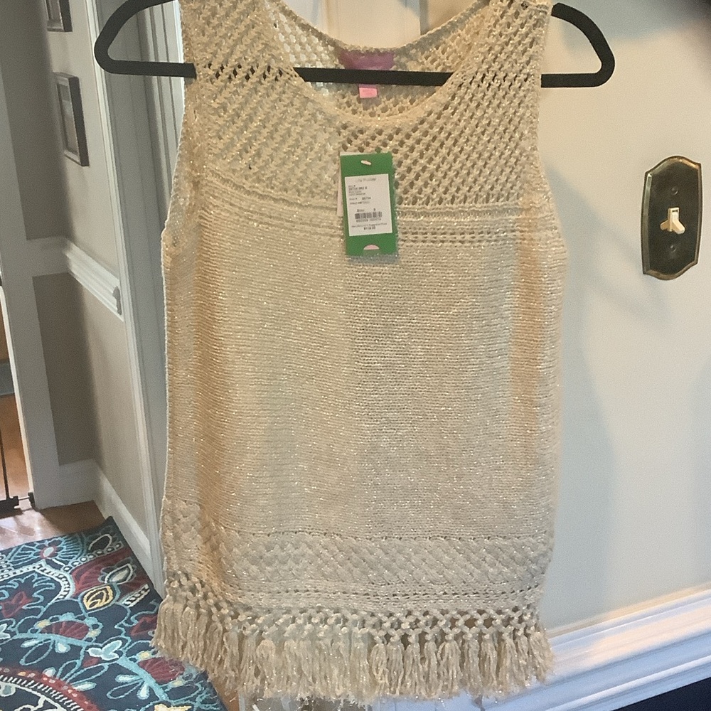 Lilly Pulitzer Cream metallic Knit Limon sweater with Fringe